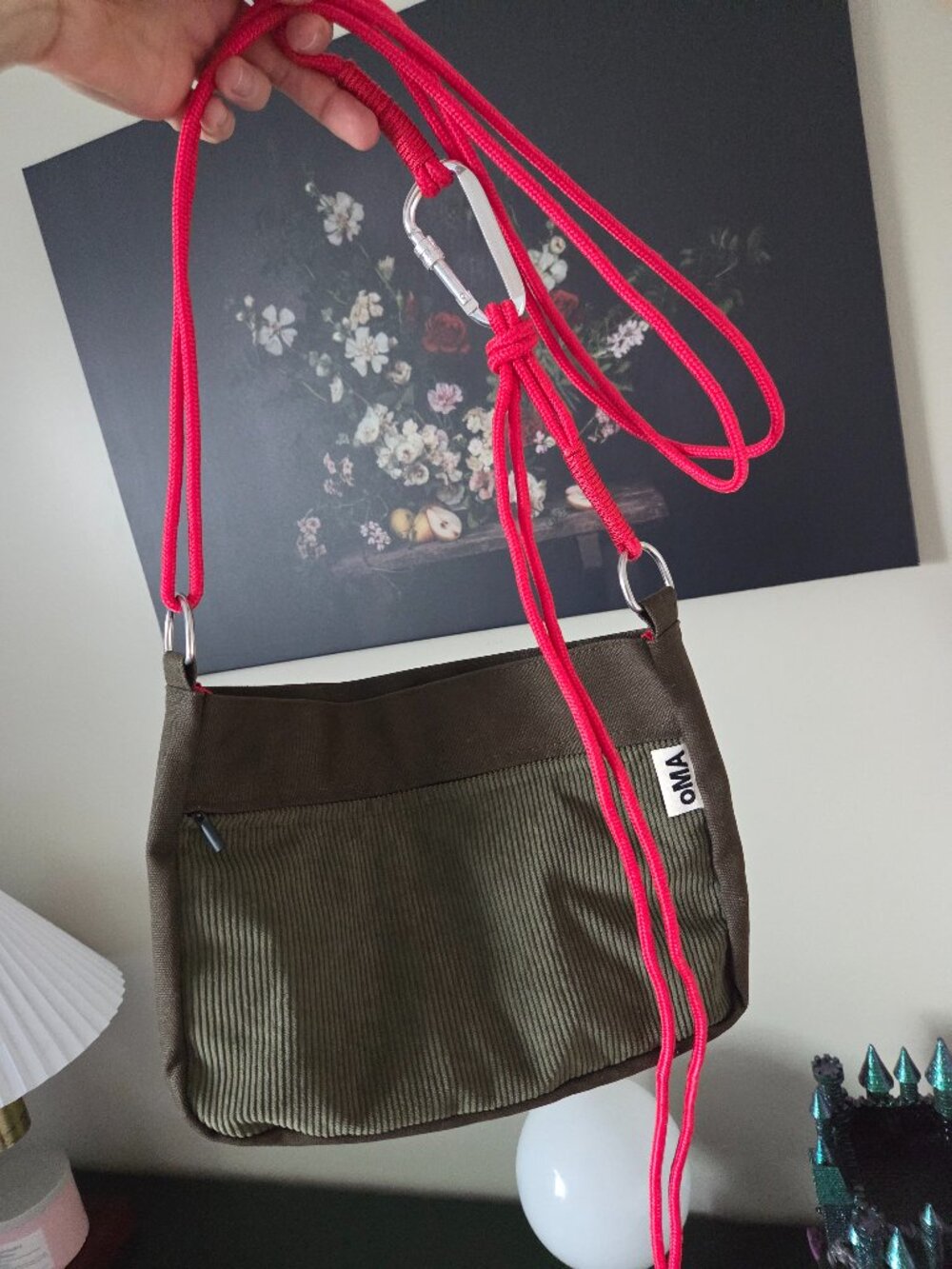 OMA Green Corduroy & Canvas Crossbody Bag with Bright Pink Strap